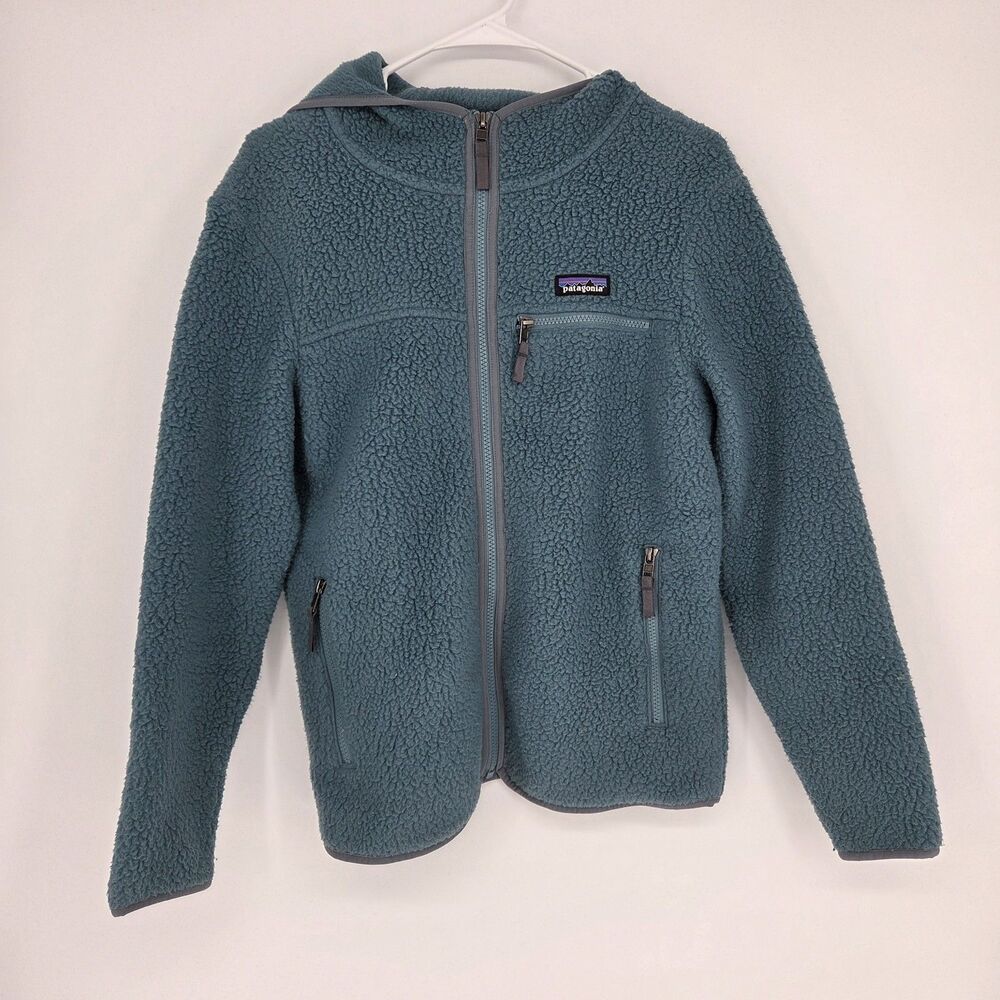 Patagonia Women's Retro Pile Fleece Hoody Teal Full Zip Pockete Small Gorpcore